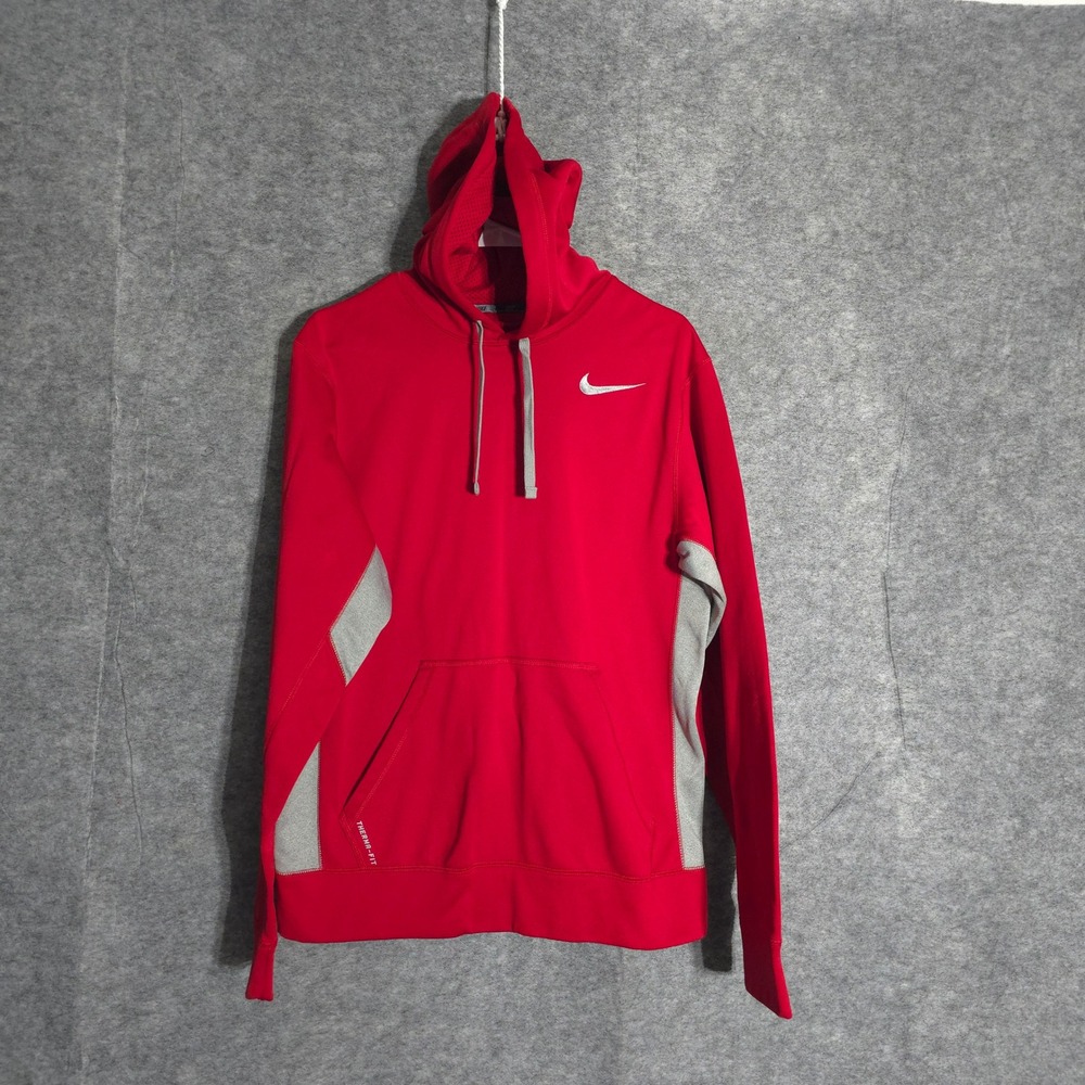 Nike Therma-FIT Hoodie Mens Small Red Grey Pullover Fleece Sweatshirt 465784-651